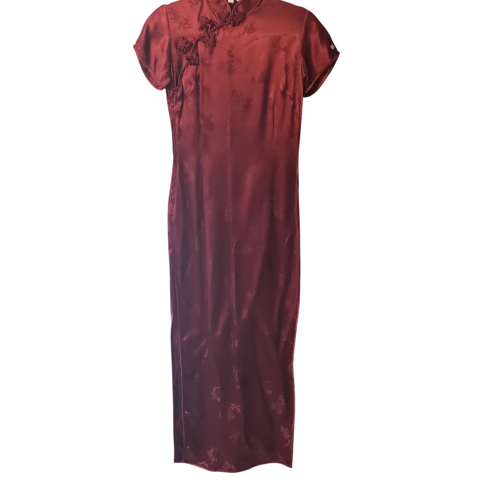 Golden Bee Women Cheongsam Qipao Dress 34 Burgundy Floral Jacquard